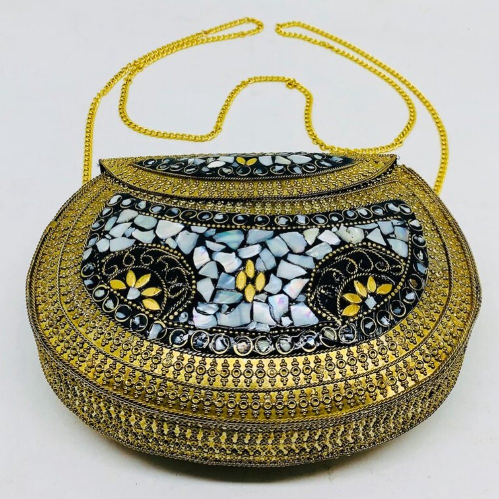 Black and Golden Bag With Golden Long Chain, Cross Body Handmade Bag, Metal